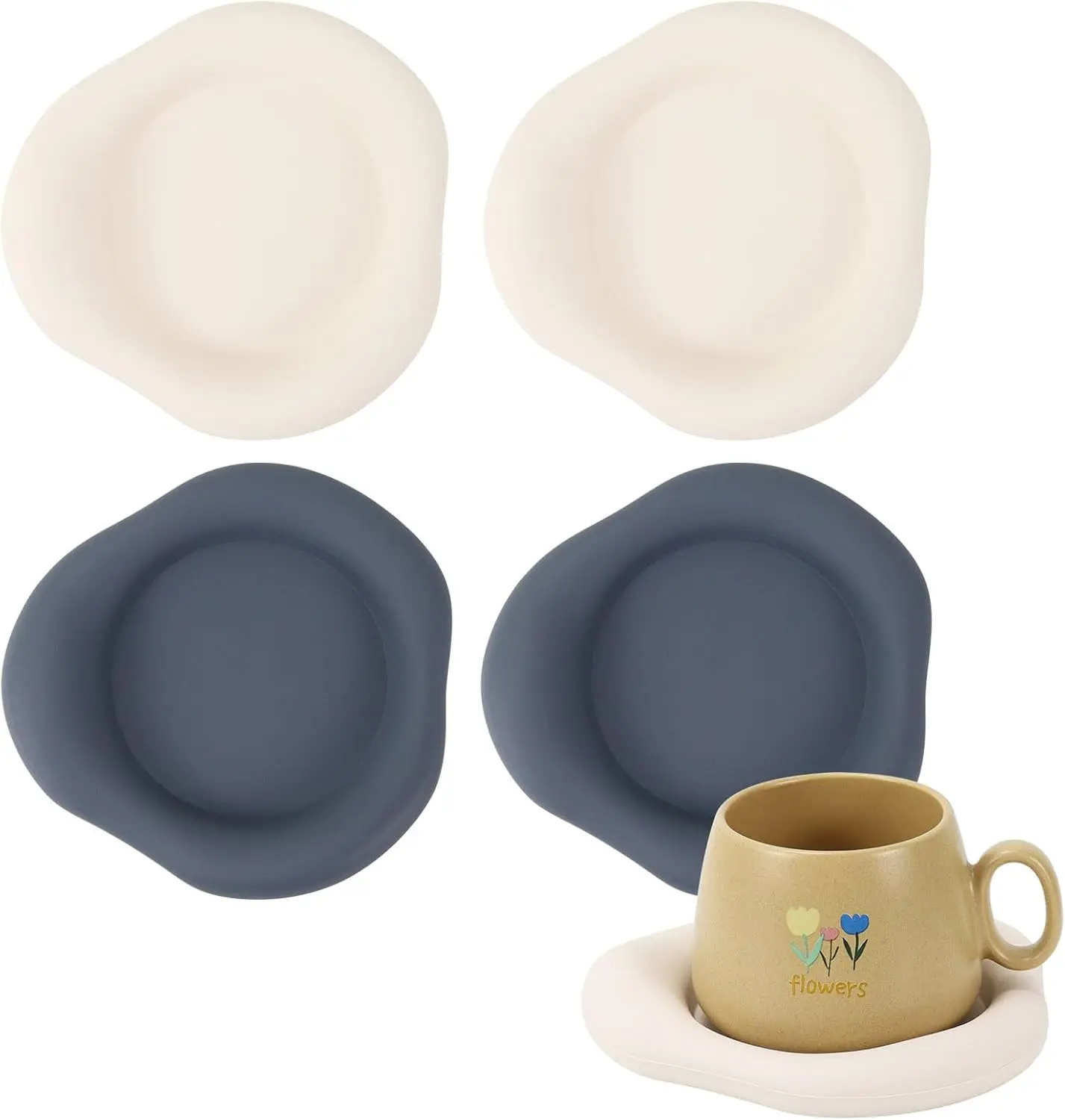 Cloud Shaped Silicone Coasters, 4 Pack 5.9 Inch Large Absorbent Drink Mats, Non-Slip Heat Resistant White Navy Blue Table Coasters for Home Office Coffee Table Decor