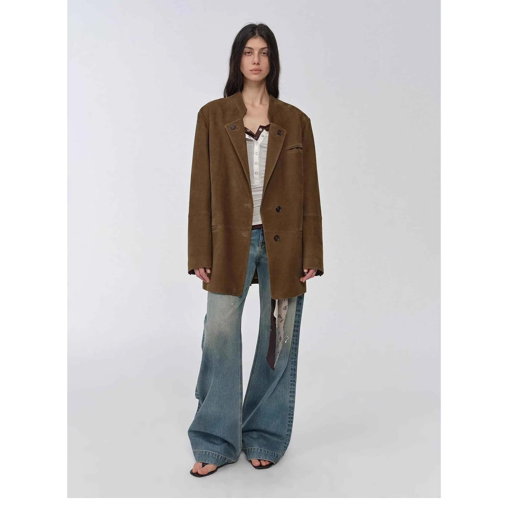 "Bavaria" Vintage Suede and Waxed Goatskin Leather Mid-Length Suit Jacket