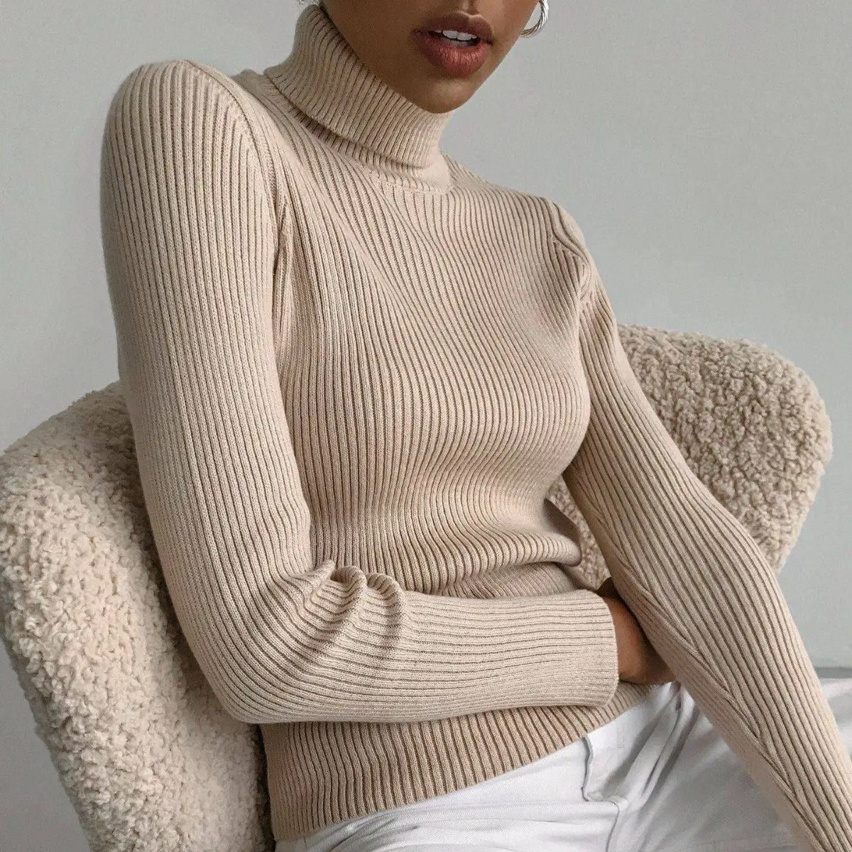 Solid Turtleneck Pullover Sweater in Soft Viscose Knit Fabric, Chic Urban Style for Women with Asian Sizing - Rose & Sky Blue, Denim, High Neck