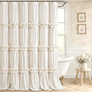 Ruffle Bow Vintage Farmhouse Linen Shower Curtain for Bathroom, Cream, 72" W x 72" H