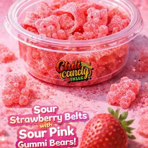 Sour Strawberry Belts & Sour Sweet Gummi Strawberry Bears Mixed with Strawberry Candy Powder Snack Combo