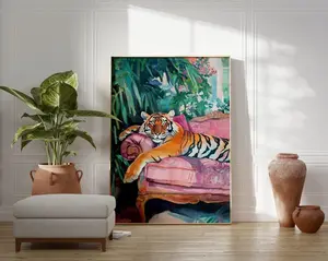 [SALE UP TO 50% + FREE SHIP]  Tropical Tiger Impressionist Poster Painting  Vibrant Pink & Orange Art  Sofa Sleep Rest Art Print Exotic Home Decor