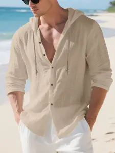 Men's Solid Color Linen Hooded Long Sleeve Shirt, Loose Fit Casual Beach Vacation Style, Comfortable Spring Summer Fashion