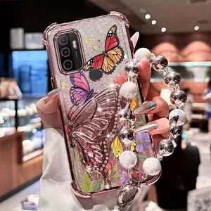 A53 Colorful flowers and butterflies Plating Lucky Clover Strap Lanyard Quicksand Butterfly Bracket Phone Holder Case with Impact Resistant Cover Compatible with For Oppo A53