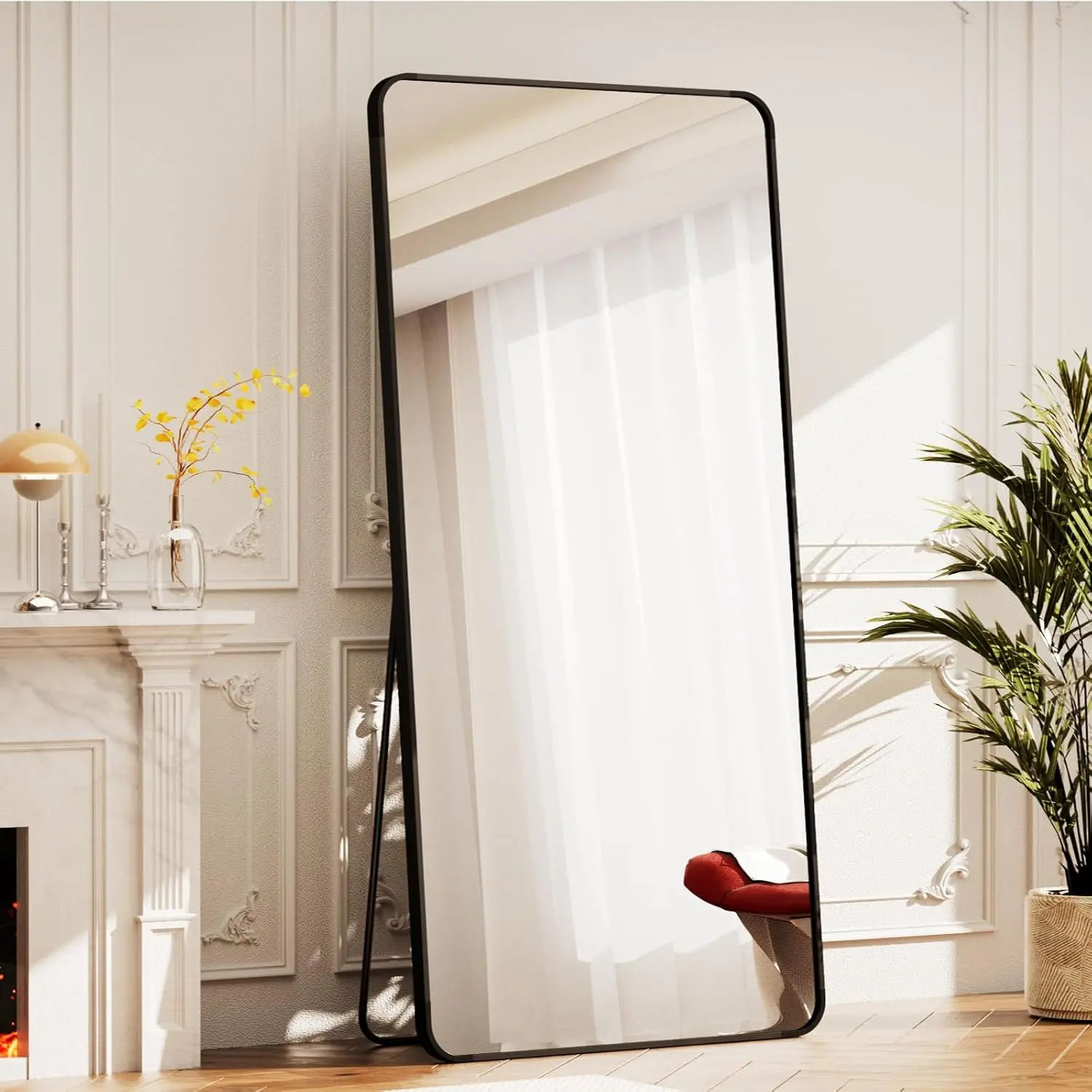 Black Full-Length Decor Safety Mirror, 71"x26" Rounded Corner - Lightweight, Float Design, Sharp Reflection, Multi-Mount (Standing, Hanging, Leaning) for Bedroom, Dressing Room (Home & Bathroom Supplies), Full Body Mirror