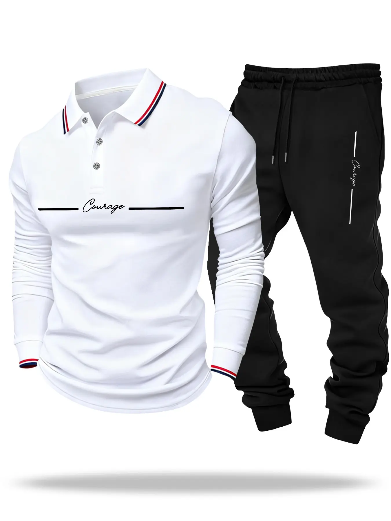 Men's Casual Set, Long Sleeve Polo Shirt, Blue Striped Collar, Drawstring Jogger Pants, Sporty Fashion for Daily Wear