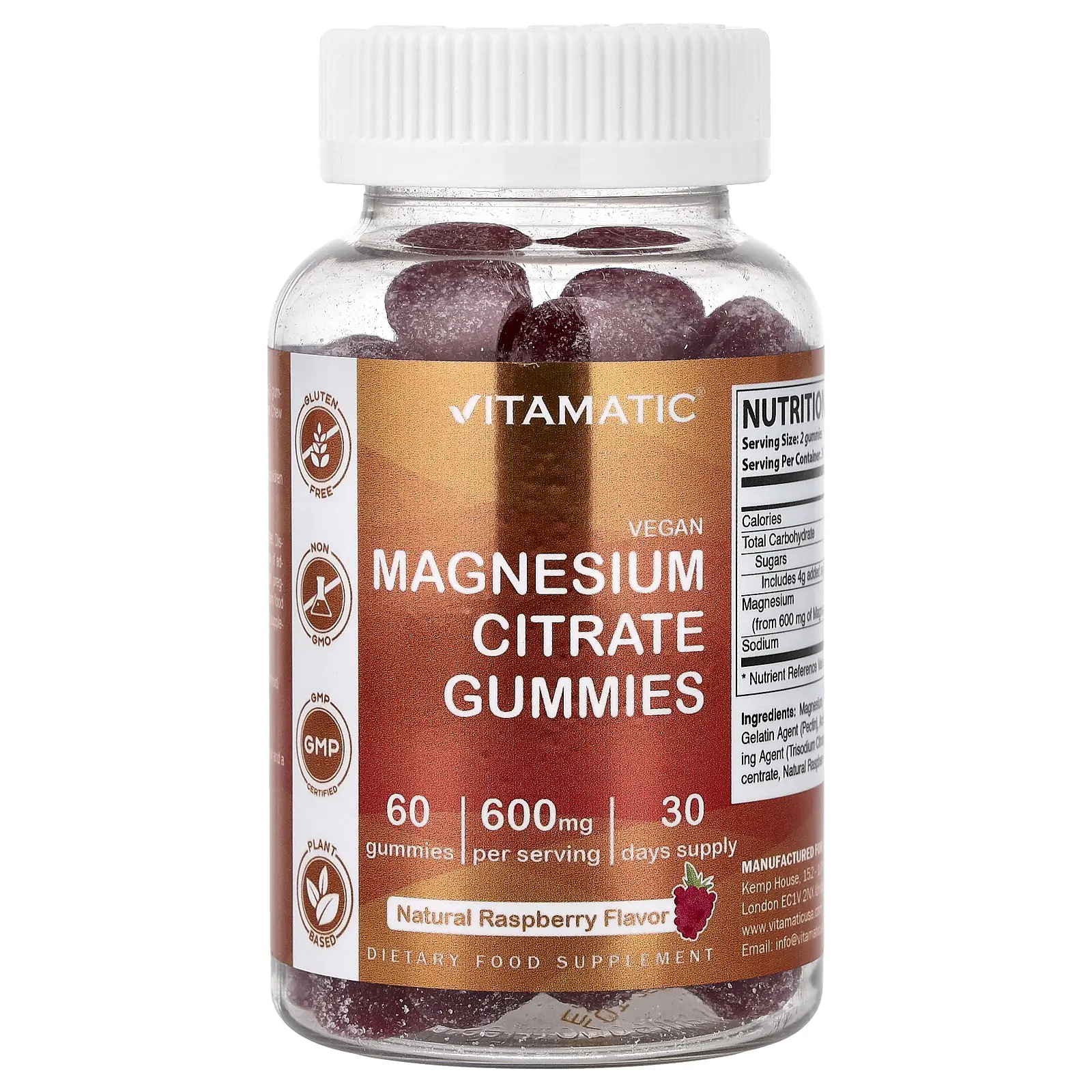 Vitamatic Vegan Magnesium Citrate Gummies, Natural Raspberry, 60 Gummies