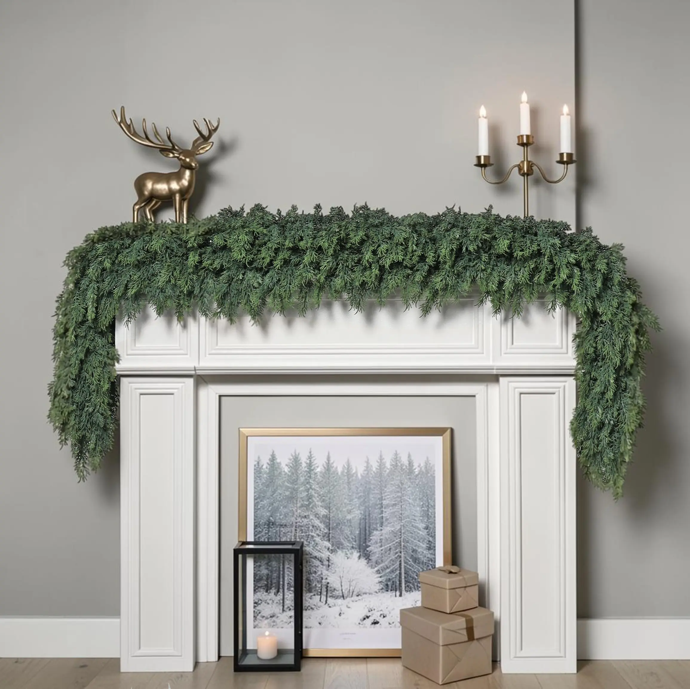 6 FT 2 Pcs Artificial Cedar Garlands, Real Touch Winter Cedar Garland, Artificial Greenery Pine Garland for Mantel, Table, Indoor Outdoor Decor