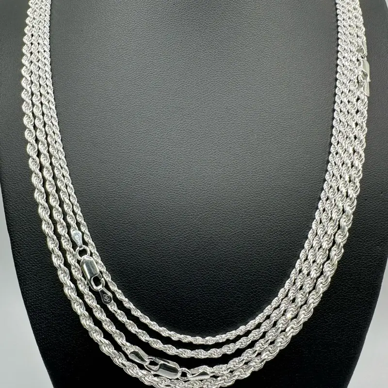 “925 Silver Rope Chains – 24″ Length, Multiple Width Options” Cuban Necklaces