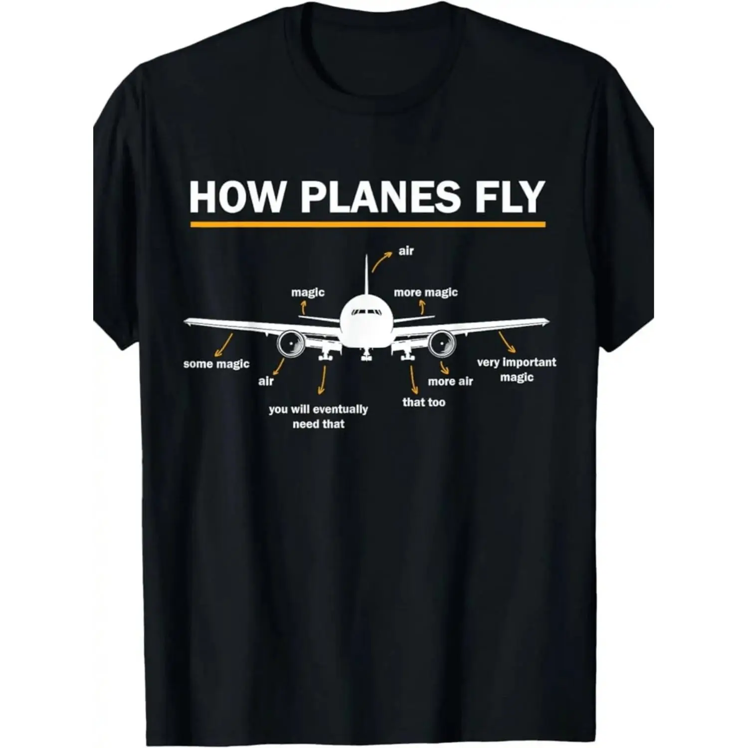 Women's Plus-Size Short-Sleeve Round Neck Cotton Casual Graphic T-Shirt, Airplane Pattern, Humorous How Airplanes Fly Theme, Eye-Catching Text & Illustration Arrows Showing Flight Principles, for Aviation Enthusiasts Streetwear, Shortsleeve, Top, Tshirt,,