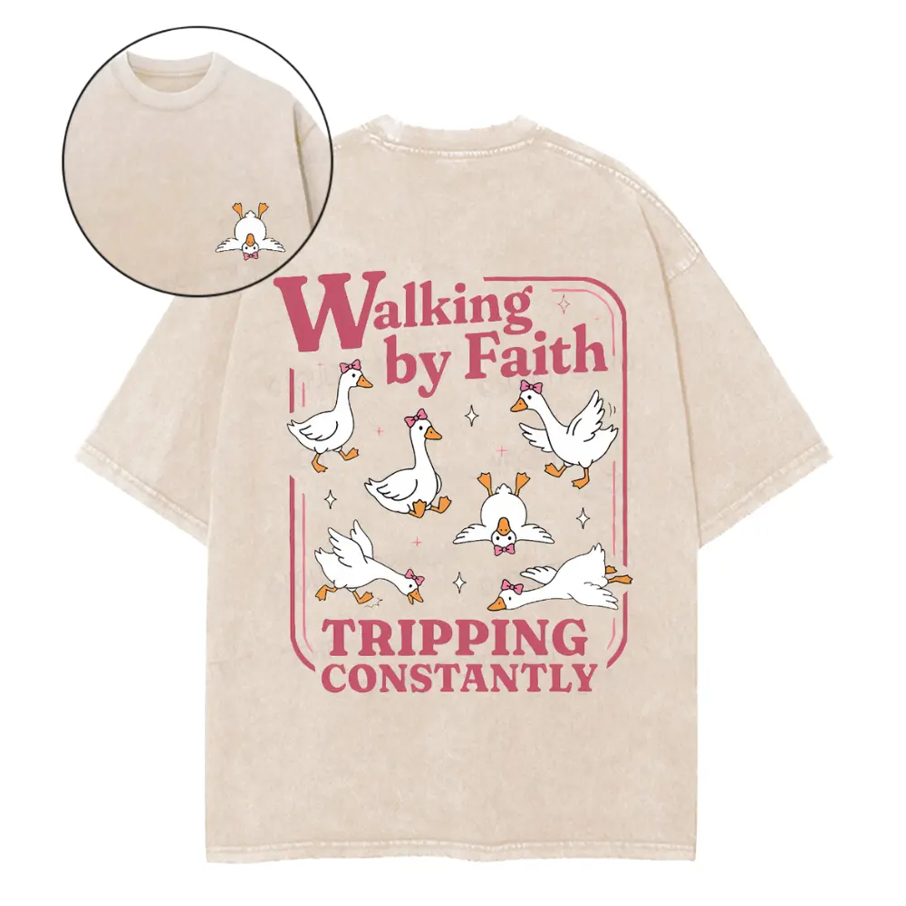 Women's Boxy Breathable T-Shirt - Vintage "Walking By Faith Tripping Constantly" Funny Cute Duck Graphic Tee