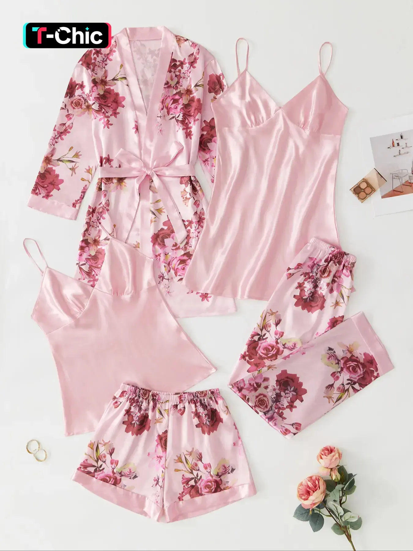 5 Piece Set Women's Satin Floral Print Nightwear Pajama Set, Loungewear Sleepwear Set, Fall Clothes, Long Sleeve, Comfort Elastic Adjustable Strap Camisoles & Pj Pants & Belted Lounge Robe Pjs Set, Homewear Set, Pyjamas for Women, Loungewear