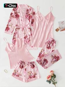 5 piece set women's satin chic floral & plants print nightwear pajama set, fall clothes, comfort adjustable strap camisoles & pj pants & shorts & belted lounge robe pjs set, homewear set, pyjamas for women, womenswear, loungewear