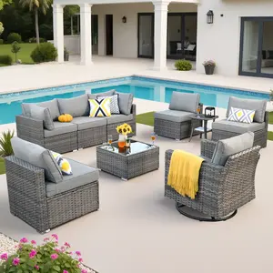 CAODOC 9PCS Wicker Patio Furniture Set with Swivel Glide Chairs, Outdoor Conversation Sofa Sets with Cushions for Deck Lawn Backyard