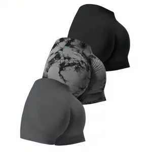 3Pcs Combination Bag High Waist Tummy Control Seamless Shorts Set, Fitness Yoga Butt Lifting Workout Shorts, Fashion Basic Solid Color And Tie Dye Sportswear Gym Leggings Gymclothes