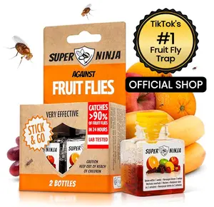 Super Ninja Fruit Fly Traps  - Very Effective Catcher for Kitchen Counters & Trash Bins - Natural Liquid Bait - Safe for Kids & Pets - 2 Bottles - 3 Weeks Protection - Eco-Friendly Design Household Pest Control