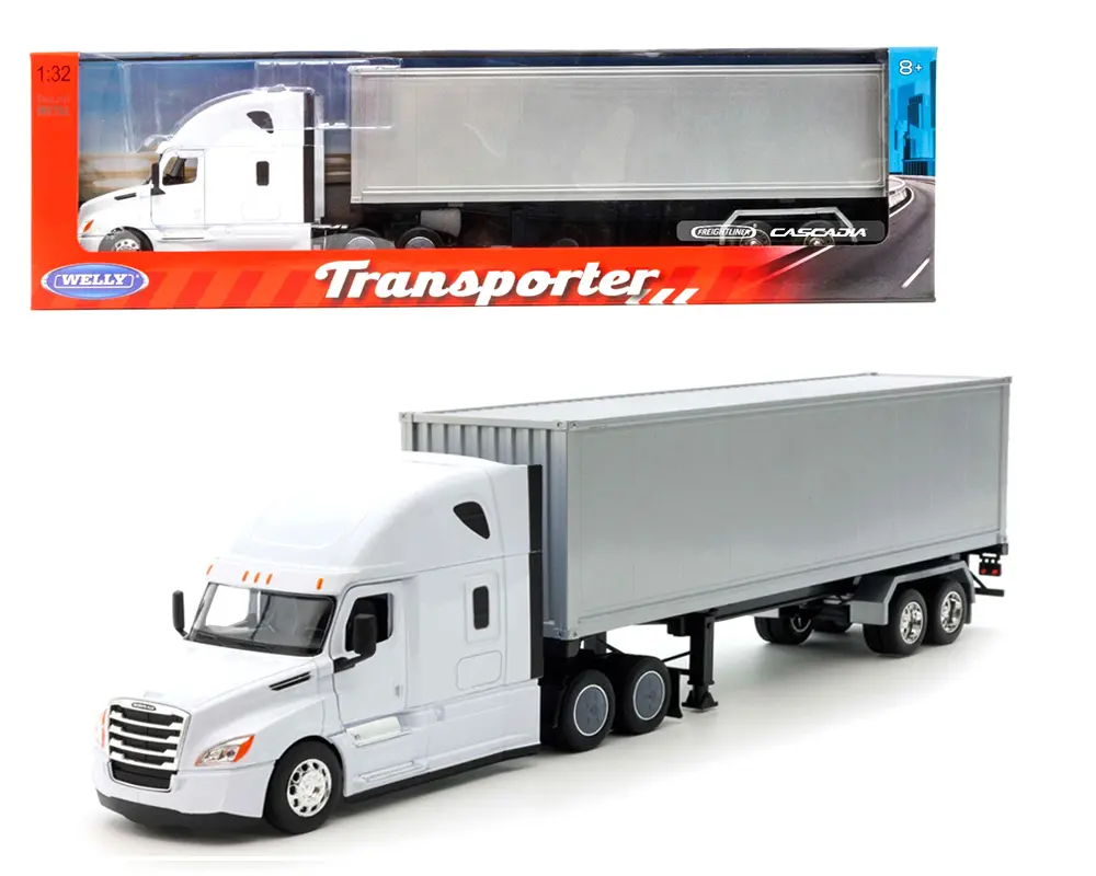 Welly 1:32 Freightliner Cascadia Semi Truck White w/ Silver Box Trailer – Transporter