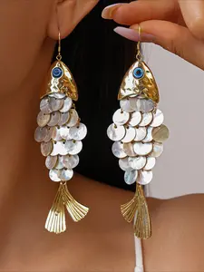 Evil Eye Fish Scale Earrings for Women, Handmade Natural Shell Fish Drop Earrings, Boho Beach Statement Jewelry, Unique Vintage Gold Fish Dangle Earrings Gift, Dainty Fashion Jewelry, Unique Design Earrings