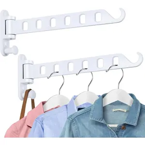 Laundry Drying Rack Wall Mounted - Swing Arm Clothes Hanger with 6-Hole, 180° Rotation Coat Hanger Holder, Foldable Valet Hook for Laundry Closet (2-Pack, White)