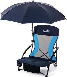 Folding Beach Chair with Umbrella for Adults, Portable Low Beach Chairs with 300lbs Capacity, Lightweight Fodable Camping Chair for Travel, Picnic, Concert & Outdoor Activities, Navy Blue