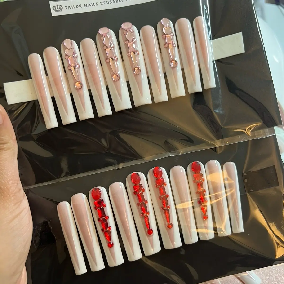 XXL Deep French Tip Presson Nails (red or pink rhinestones) size required nail manicure