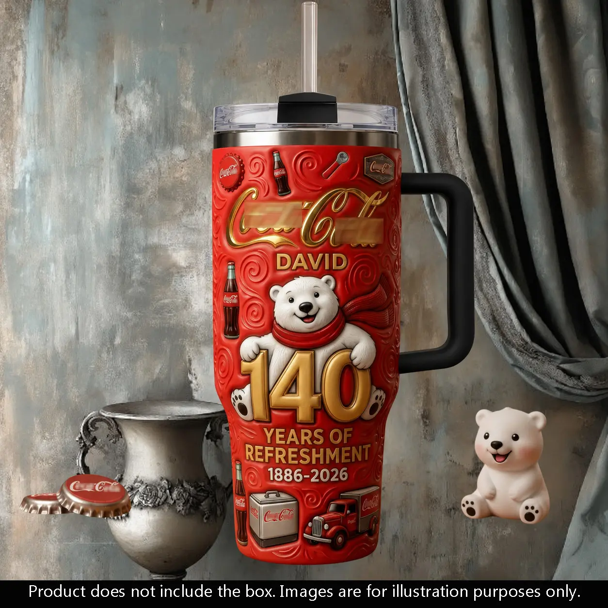 Coca Cola David 140 Years Of Refreshment Red Tumbler 40oz, Stainless Steel Insulated Travel Mug With Handle, Fan Gift