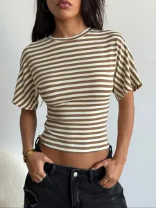 Womens Brown And White Striped Ribbed Knit Short Sleeve Top Crew Neck Slim Fit Cropped Hem High Stretch Soft Breathable Fabric Casual Daily Wear Basic Tee For Spring Summer Non Restrictive Comfortable Wrinkle Resistant Non Deformable Skin Friendly Easy To