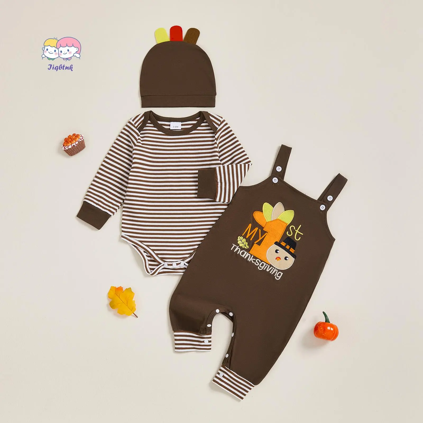 Baby Boy Bodysuit Set - 3-Piece Striped Cotton Thanksgiving Outfit with Turkey Embroidery Suspender Pants & Hat, Baby Clothing, Long Sleeve, Cotton Blend, Infant Jumpsuit, Infant Toddler Clothes, Romper Set, 0-3 Months, 12 - 18 Months