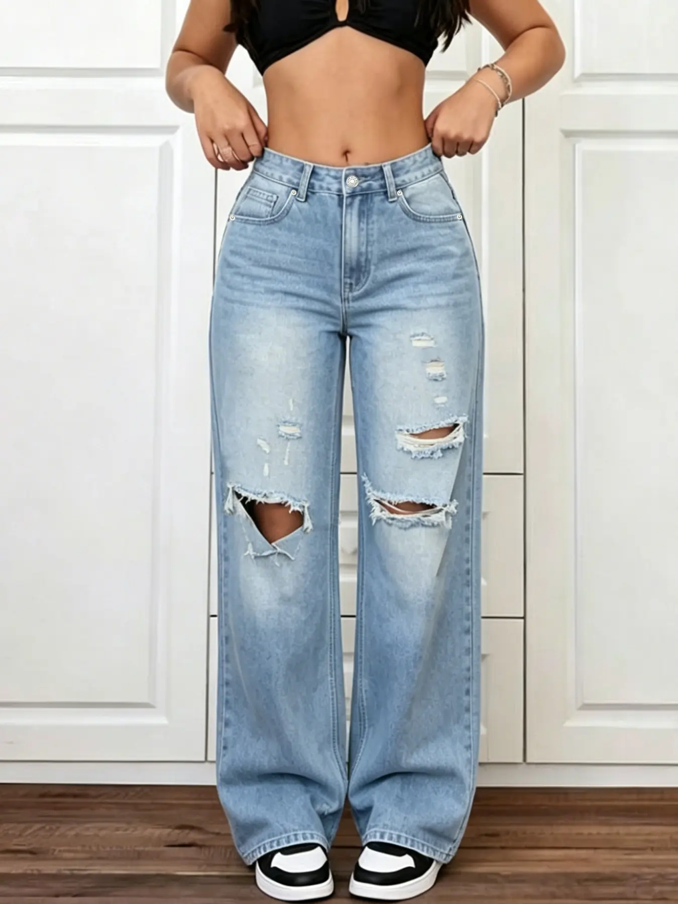 Nvfelix Women's High-Waisted Distressed Washed Ripped Denim Jeans, Loose-Fit Long Ankle-Length, Raw Wash Blue, Streetwear, Casual Style Fashion