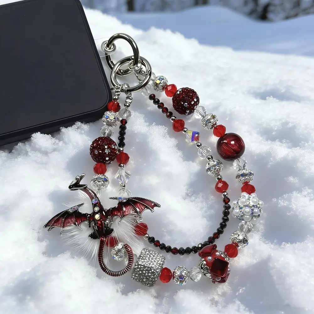 Luxury Smartphone-Cellphone Chain with Red Crystal Beads, Dragon Charm, 2-Layer Design, Plush Pendant & Diamond Accents, Heavy Duty Personalized Sports & Outdoor Accessory for Phones & Handbags