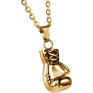 Golden Boxing Glove Necklace Pendant: Men Women 22 Inch Stainless Steel Punk Boxing Chain with Gift Box