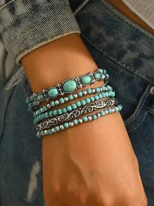 5-Piece Bohemian Style Turquoise Bead Bracelet Set, Elastic Rope Beaded Imitation Turquoise Bracelets, Elegant Vintage Jewelry for Women