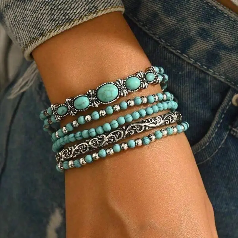 5-Piece Bohemian Style Turquoise Bead Bracelet Set, High Quality Bracelet, Elastic Rope Beaded Imitation Turquoise Bracelets, Elegant Exquisite Vintage Jewelry for Women