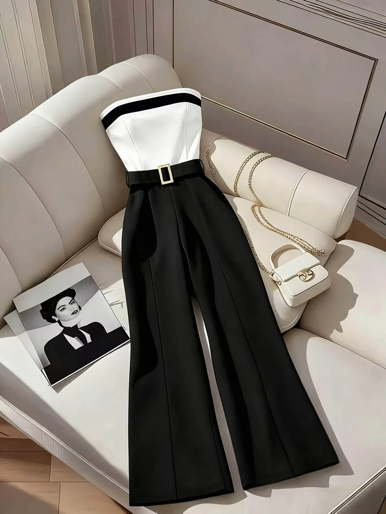 A women's light and mature style contrasting jumpsuit, Dress up jumpsuit, with a strapless waist, wide leg pants that look slim. Suitable for summer, nightclubs, city travel, beach vacations, commuting
