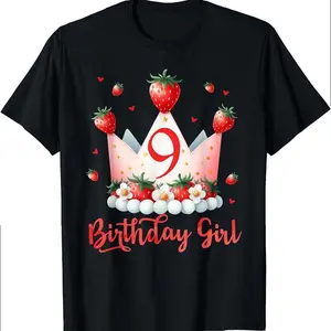 9th Birthday Girl Strawberry Crown T-Shirt - Happy B-Day Gift Idea for 9 Year Olds