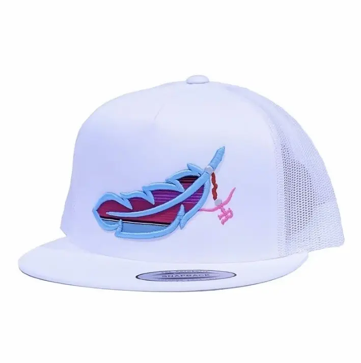 Rancher Feather Flat Bill Trucker Hat | Embroidered Feather Snapback Cap | Western Cowboy Mesh Hat | Outdoor Casual Gift for Men & Women