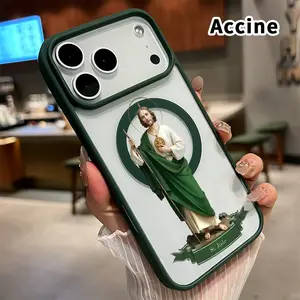 Magnetic Phone case for iPhone 17 16  Pro Max Plus 15 14 13 12 11 Air E Saint Jude Statue Pattern Non-Yellowing Shockproof Soft Silicone Transparent Acrylic Cover Supports Wireless Charging