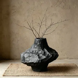 Black Stone Texture Ceramic Vase, Wabi Sabi Handcrafted Pottery Vessel, Abstract Minimalist Nordic Dried Flower Holder, Matte Rough Rock Finish Decorative Vase for Living Room, Bedroom, Entryway, Hotel & Office, Unique Artistic Home Decor Accent