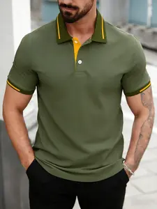 Men's Plus Size Tall Colorblock Edge Polo Shirt, Olive with Accents, Fitted Short Sleeve Casual Top