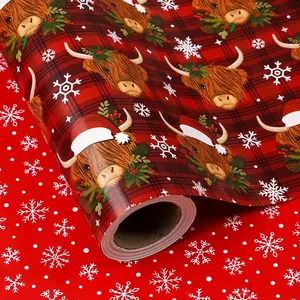 Reversible Highland Cow Christmas Wrapping Paper , Mini Roll , 30 x 36 to 30x180 inch , Cow and Snowflake Wrapping Paper for Xmas Holiday, Party