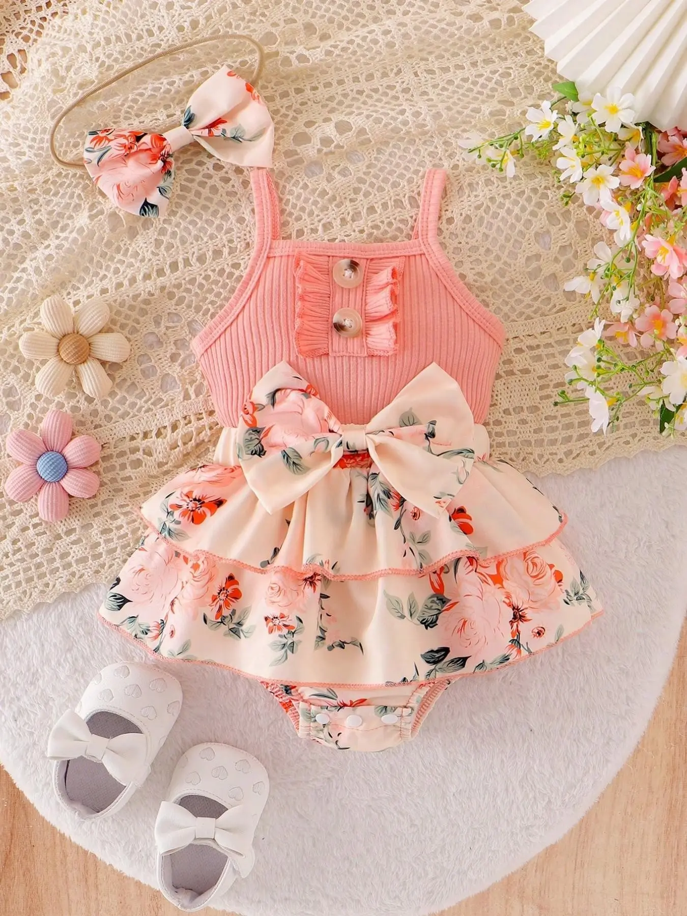 Baby Girl Summer Cute Dress Set, Newborn Gift Set, Floral Print Skirt, Layered Design, Color Block Bow, Waist Cinching Triangle Romper, Includes Hair Band, Baby Clothing, Newborn Outfits Set