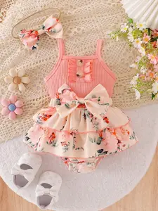 Baby Girl Summer Dress Set, Floral Print Skirt, Layered Design, Color Block Bow, Waist Cinching Triangle Romper, Includes Hair Band