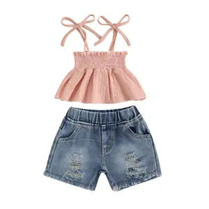 Toddler Baby Girl Summer Clothes  Camisole Top Denim Jeans Ripped Shorts Tie-up Pleated Set  Summer 2-piece Outfit