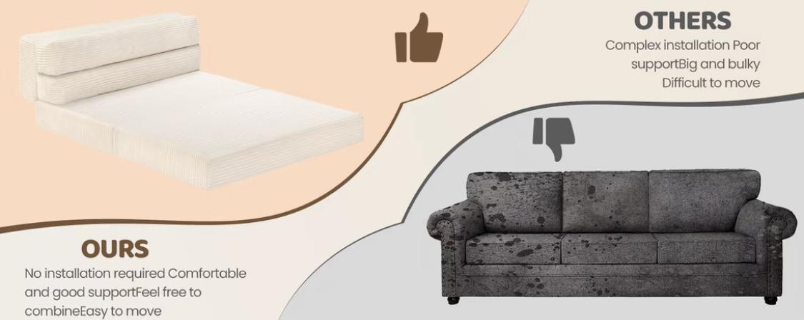 WINZOO Beige Convertible Futon Sofa Bed, Corduroy Fabric High-Density Foam Loveseat, Multifunctional Foldable Design for Living Room & Bedroom Reading Relaxation