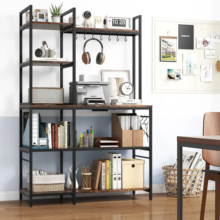 [Costway]- Rack with Power Outlets, 3/4/5-Tier Coffee Bar Table Organizer w/ 10 S-Shaped Hooks, 63" Large Microwave Stand-Springtok