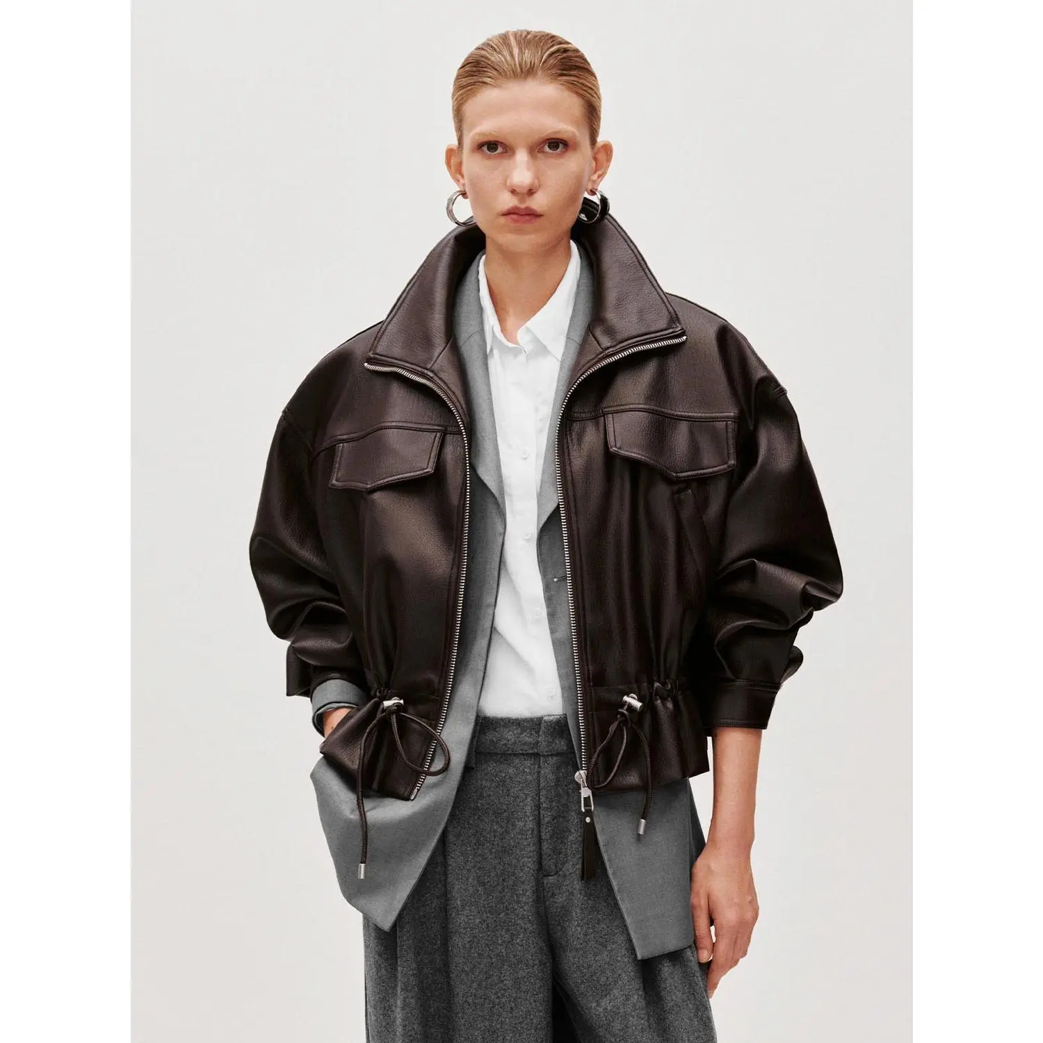 Faux Leather Bomber Jacket for Women - Casual Lightweight Outerwear with Long Sleeves, Drawstring Waist, Medium Thickness, Avoid Bleaching, Piece, Casual Wear, Lady, Vegan Faux Leather, Coated Placket