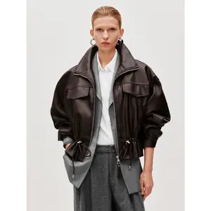 URBAN REVIVO Women's Faux Leather Drawstring Bomber Coat - Long-Sleeve, Polyester Fabric Shell, Casual All-Seasons Outerwear (Womenswear Jackets & Coats)