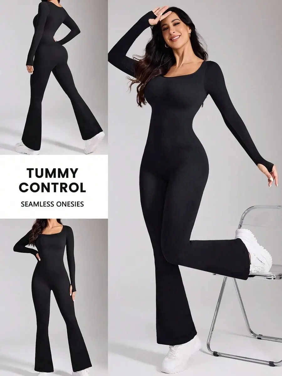 LUNA LAYER Womens Seamless High Stretch Square Neck Long Sleeve Unitard Jumpsuit Black