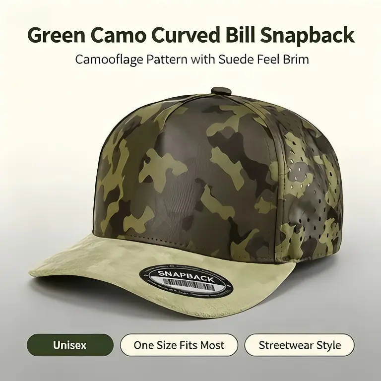 Two colors: green and grey camouflage curved Bill Snapback caps, laser-perforated breathable side panels, suede suede curved edge baseball caps, adjustable Snapback caps, neutral outdoor streetwear camouflage caps. One size suits most