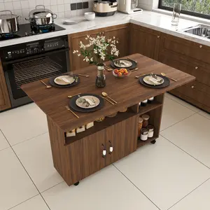 47.24 inch Multi-Functional Folding Table with Storage Shelves and Wheels, 47 Inch Foldable Dining Table for Small Spaces, Compact Desk for Kitchen, Dorm, Office (Walnut)